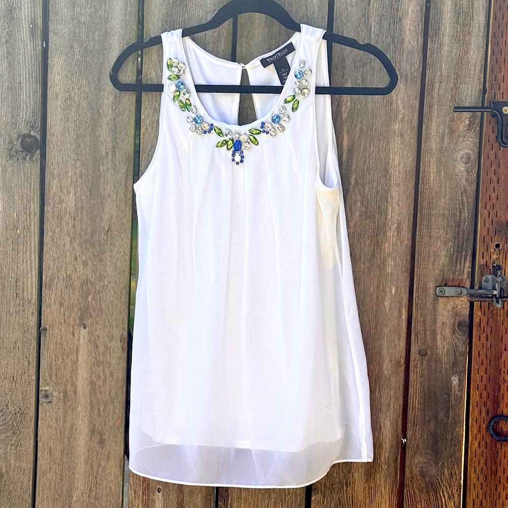 White House Black Market Embellished White Sleeveless Tank Top